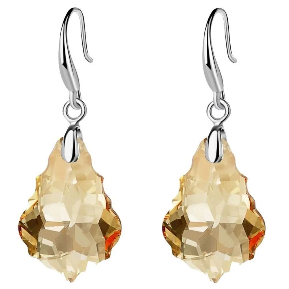 Silver with Champagne Topaz Austrian Crystal Baroque Dangling Drop Hook Earrings